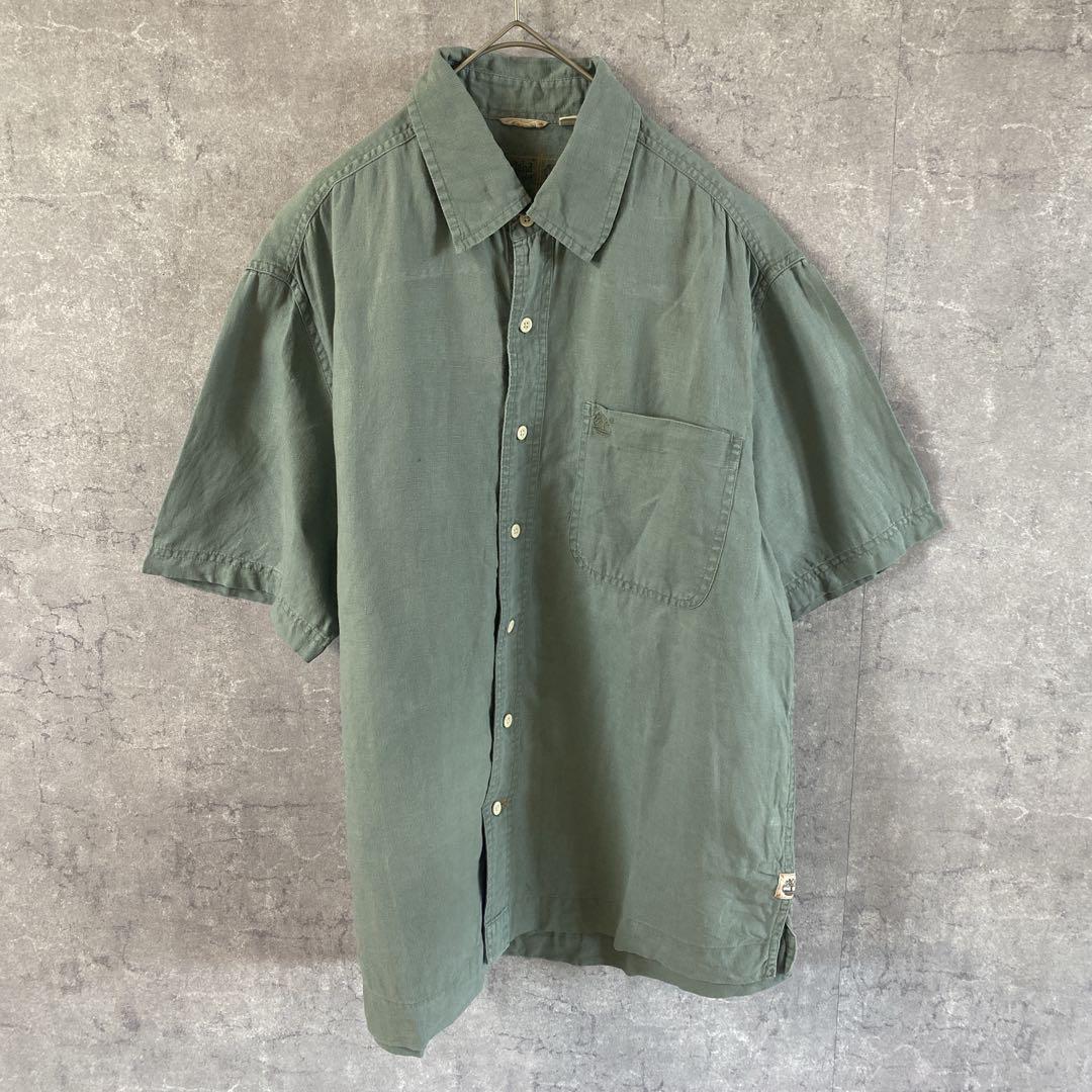 TIMBERLAND 半袖リネンシャツ Mサイズ 無地 緑 リラックスフィット拍卖