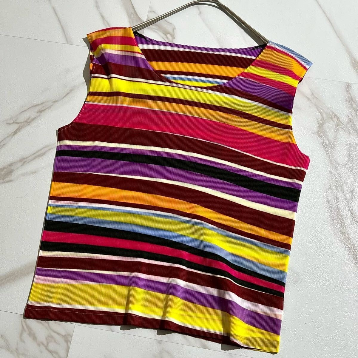 極美品 L相当◎PLEATS PLEASE マルチカラ― ボーダー ノースリーブカットソー ギャザー プリーツプリーズ 3 レインボー 虹 ストレッチ 拍卖
