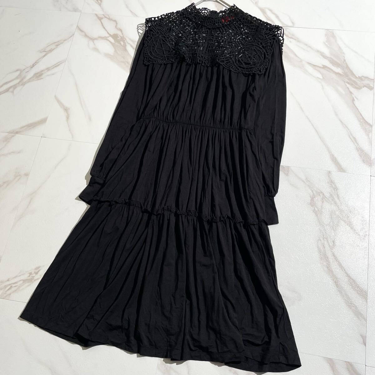 極美品 L相当◎VIVIENNE TAM チャイナ刺繍襟 レースハイネックティアードワンピース Aライン フレア ヴィヴィアンタム エンブロイダリー 黒拍卖