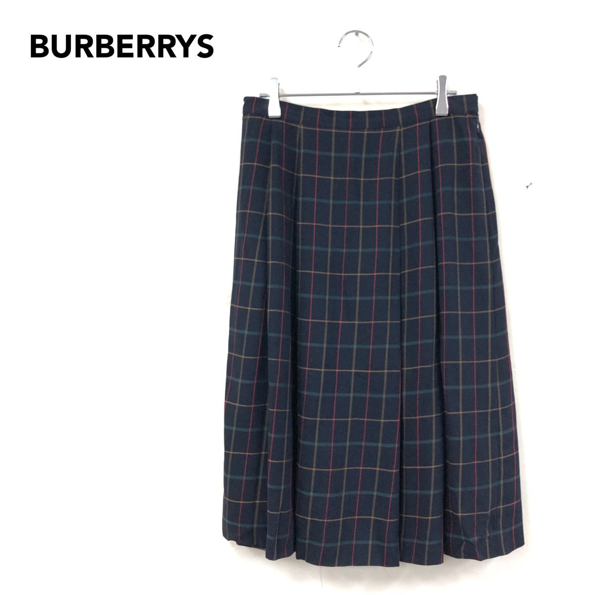 2K1493-Q◆BURBERRYS バーバリーズ スカート 膝下丈 2タック チェック フレア レディース◆size 13 マルチカラー ネイビー 紺 ウール拍卖