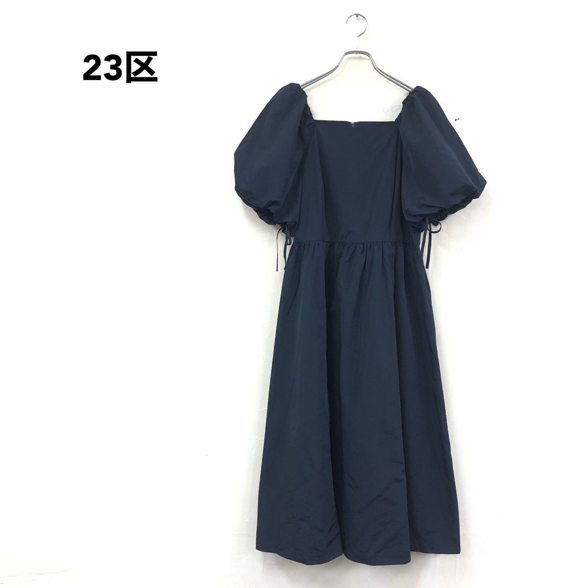 2K2932-K◆23区 ニジュウサンク 半袖ロングワンピース◆size44 ネイビー 無地 パフスリーブ ナイロン混 スクエアネック レディース拍卖