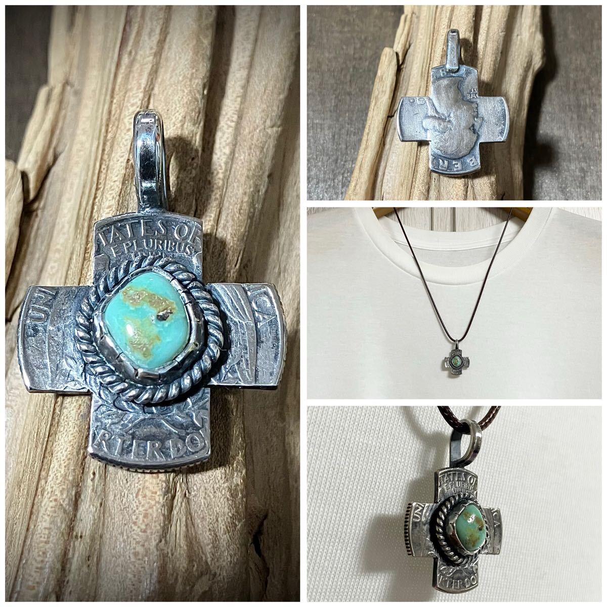 キャリコレイク ターコイズ ヴィンテージコイン クロス シルバー ネックレス ペンダント #インディアンジュエリー ナバホ族 925拍卖