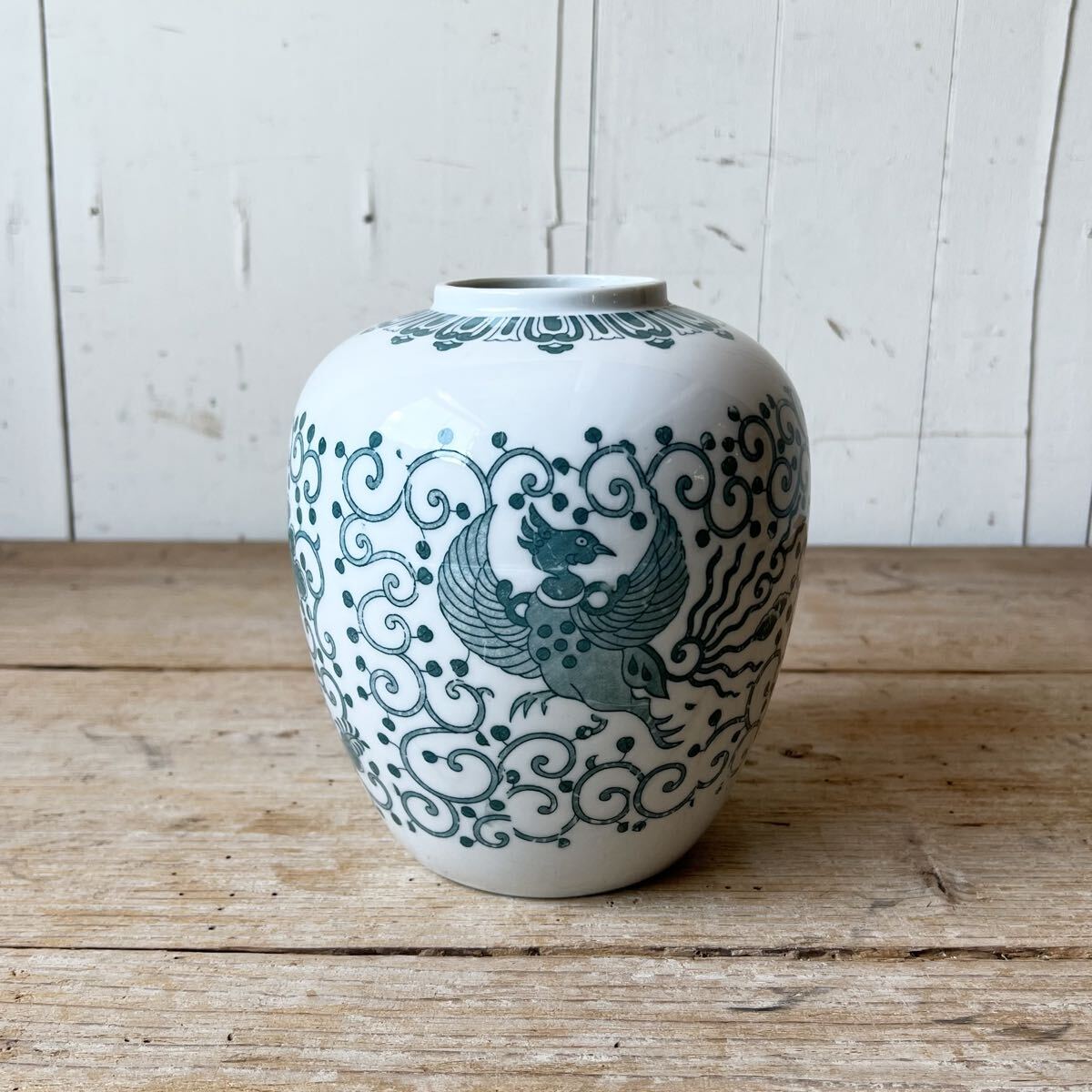 鳳凰絵柄 青緑色 花器 花瓶 壺 デットストック 白磁 銅板 陶器 検: 鳥 磁器 フラワーベース 飾り 什器 インテリア レトロ ビンテージ拍卖
