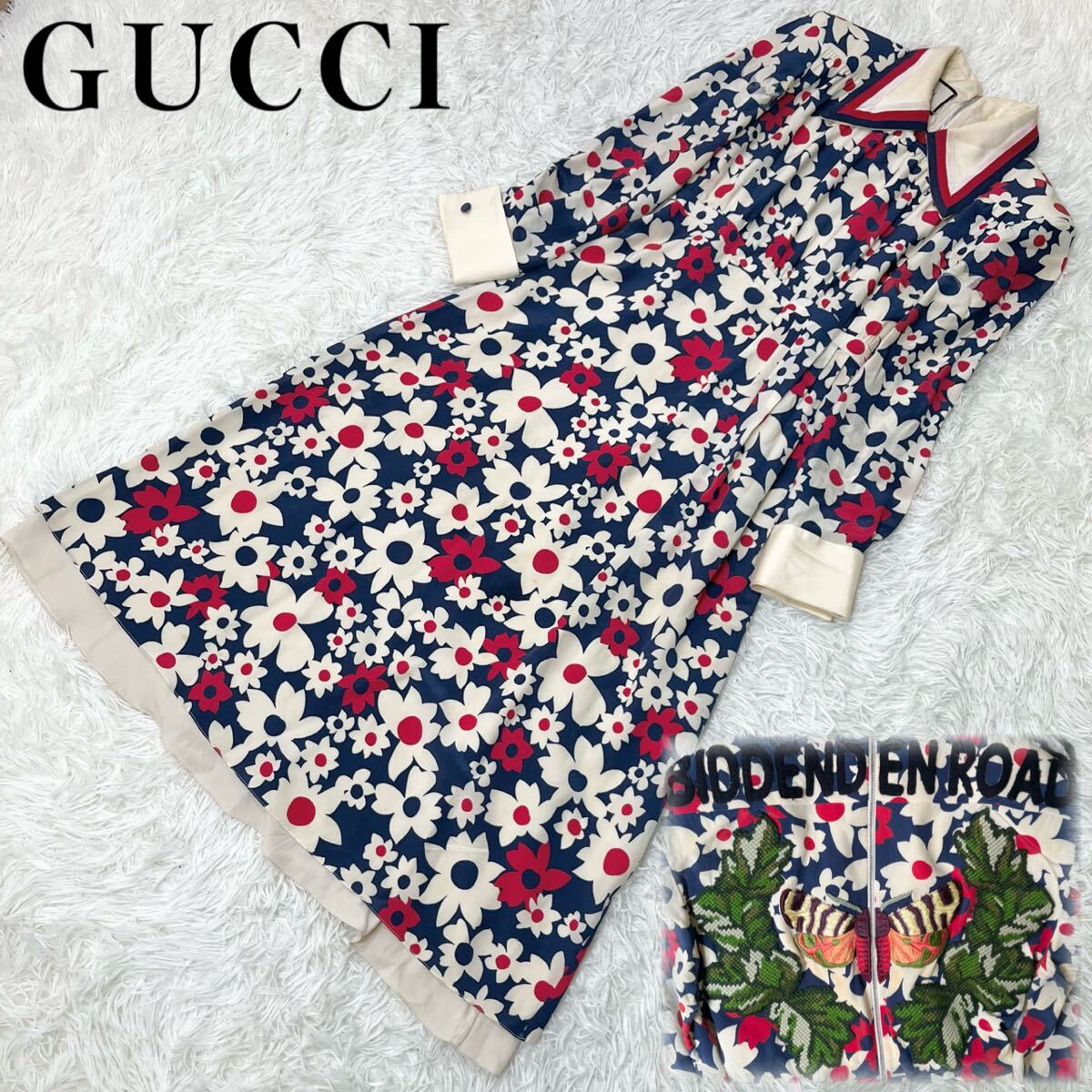 グッチ GUCCI ワンピース シルク100% フローラ ビー 蜂 刺繍 ロング マキシ丈 花柄 総柄 ホワイト 38 M white 白 ネイビー 紺 blue 超高級拍卖