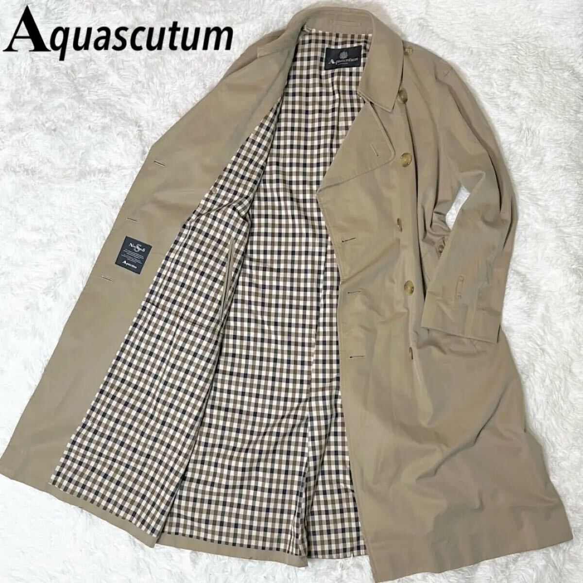 大きいサイズ アクアスキュータム Aquascutum トレンチコート キュータムチェック NEW AQUA5 ロング マキシ丈 メンズ XL ベージュ 茶 brown拍卖