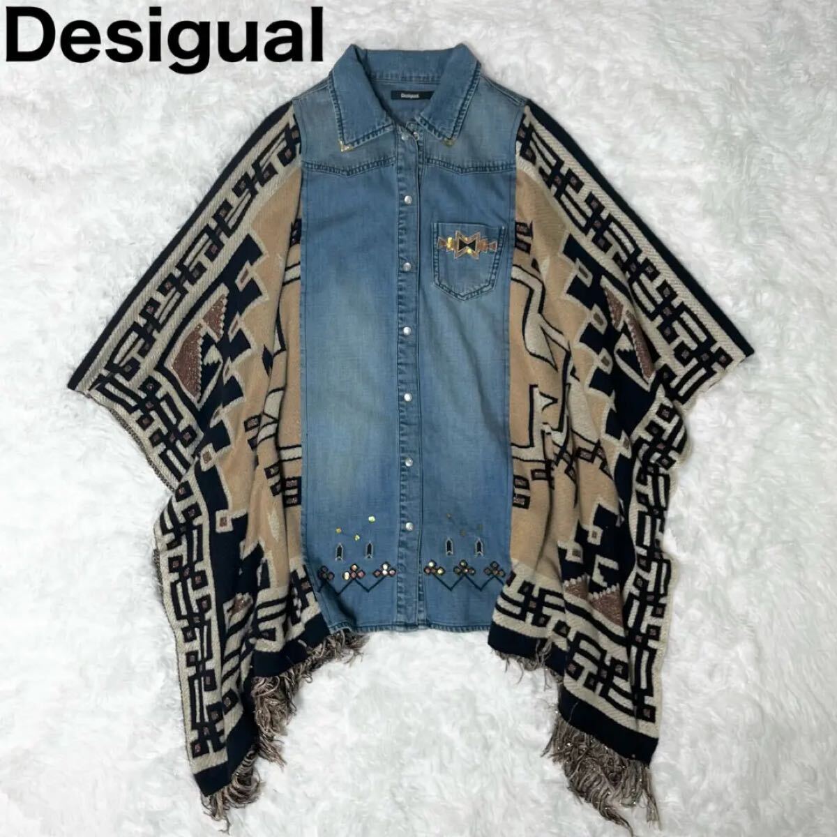 希少 デシグアル Desigual デザインポンチョジャケット ナバホ柄 ドッキング デニム ニット エスニック 海外仕様 レディース FREE 茶 青 黒拍卖