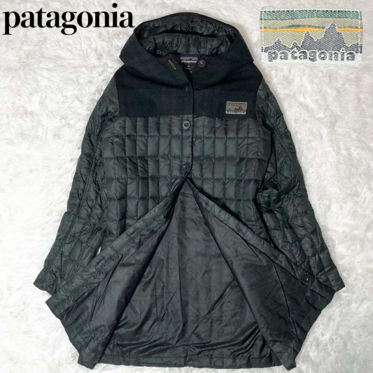 超希少 40周年記念限定ロゴ パタゴニア patagonia ダウンコート ロング アウター 切替 チェック レディース XS グリーン 緑 green アパレル拍卖