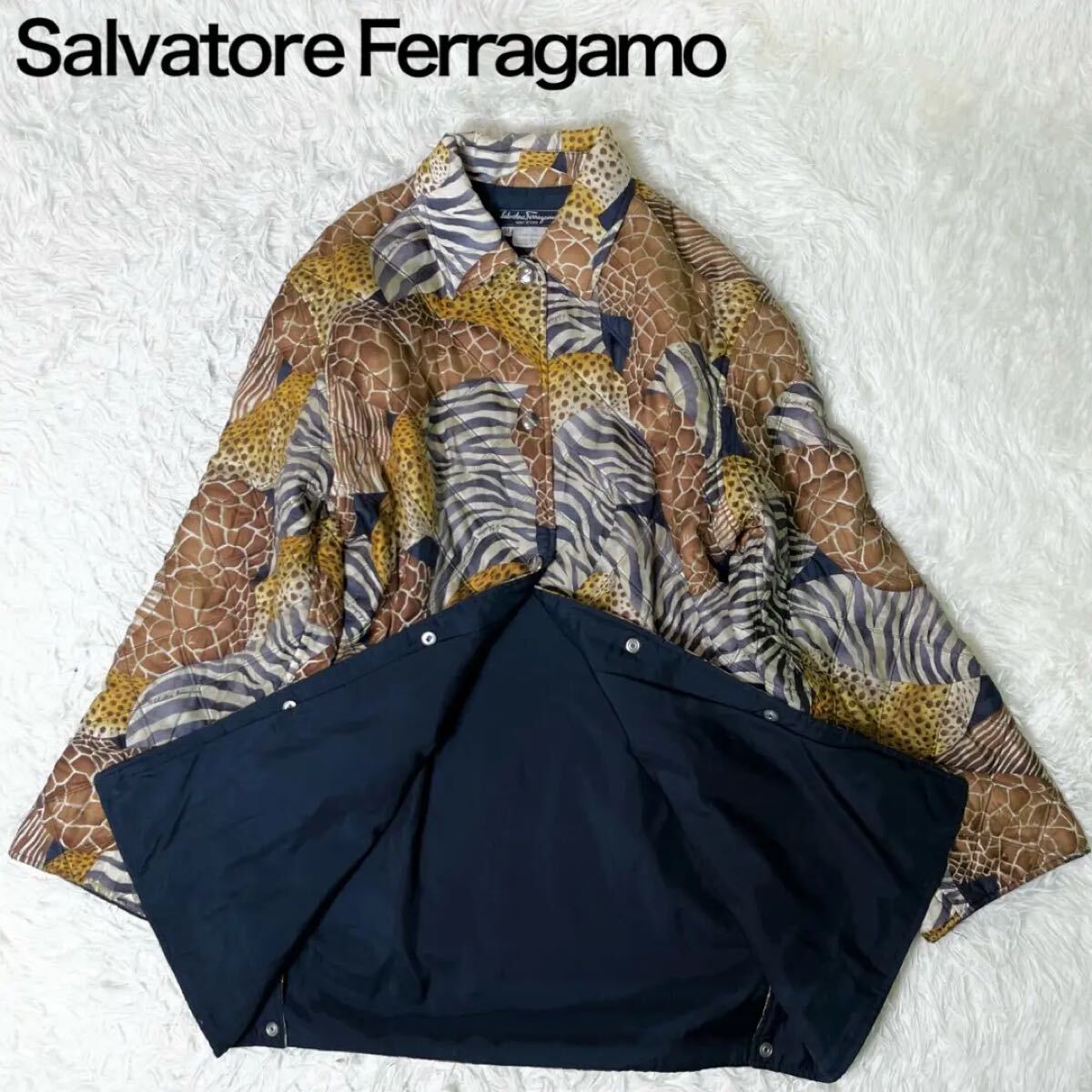 サルヴァトーレフェラガモ salvatore ferragamo キルティングジャケット シルク100% アニマル レディース アウター M 中綿コート 黄 茶 白拍卖