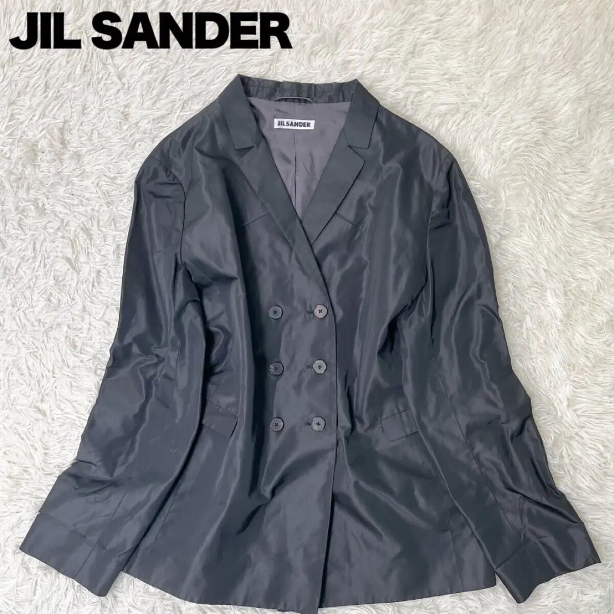 大きいサイズ ジルサンダー JIL SANDER テーラードジャケット シルク レディース 薄手 ダブル 42 XL グレー 灰 gray アウター アパレル拍卖