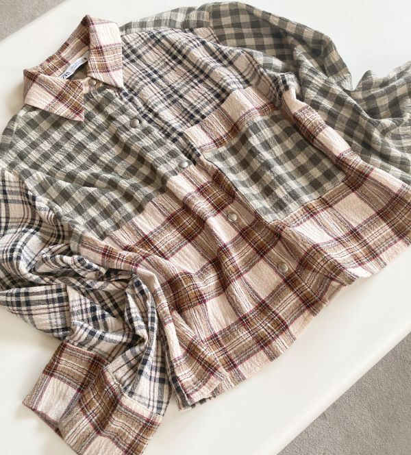 美品ザラ【ZARA】茶系&ベージュ色☆パッチワーク風☆着物袖☆シャツジャケット拍卖