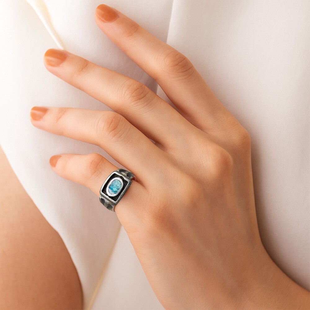 クラッシュターコイズ インレイ 925 シルバー ヴィンテージ シグネット リング 銀 指輪 サウスウェスタンスタイル ピンキー Y13-B拍卖