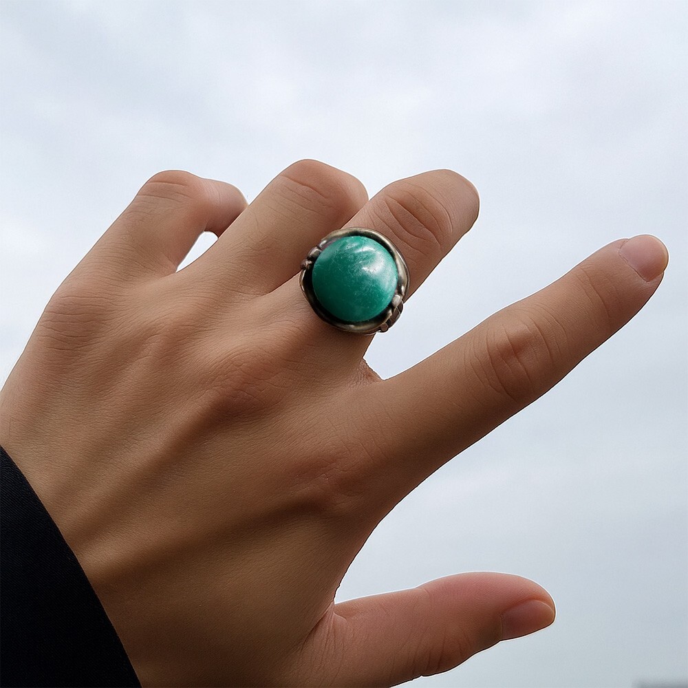50'60's メキシコ 925 シルバー モスグリーン 大粒ストーン ヴィンテージ リング 銀 指輪 レトロ 存在感 メンズジュエリー Y13-D拍卖