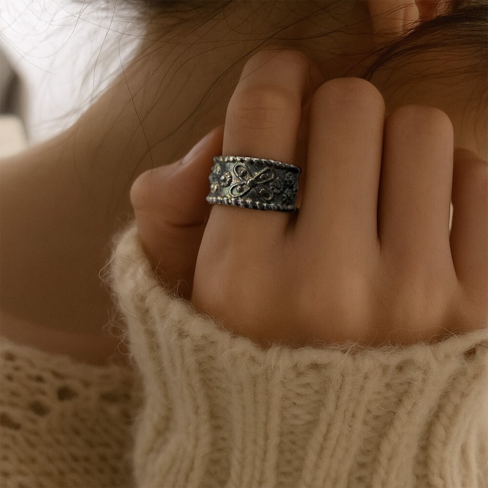 Cellini 蝶 フローラル 彫刻 925 シルバー ヴィンテージ バンド リング 幅広 銀 指輪 レトロ Y13-D拍卖