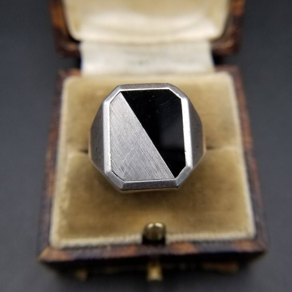 vオニキス インレイ スラッシュカット 八角形 ヴィンテージ シグネット リング 指輪 シルバープレート レトロ メンズジュエリー Y24-O拍卖
