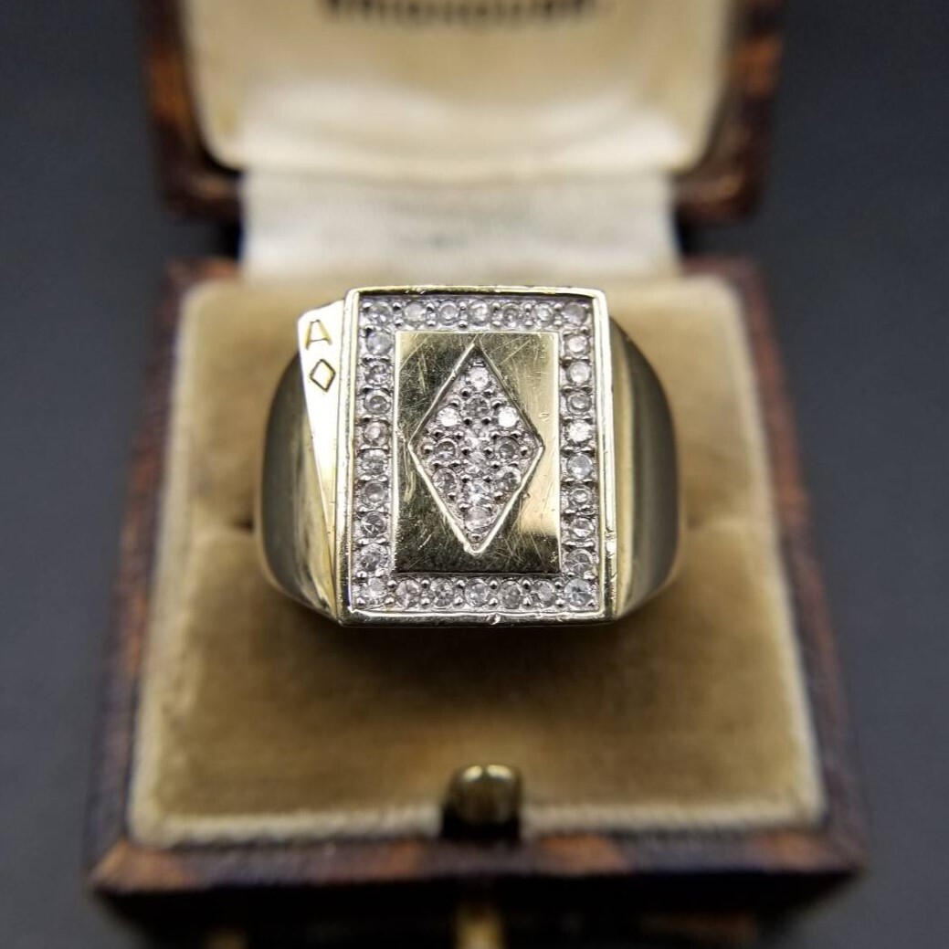 トランプ スペードA 925 シルバー ヴィンテージ シグネット リング 銀 指輪 ゴールドプレート CZ装飾 重厚感 メンズジュエリー Y24-O拍卖