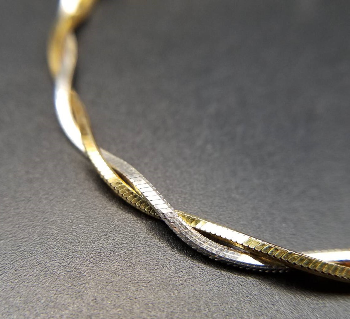 FAS イタリア ヴィンテージ 2トーン スネークチェーン 編み込み 925 シルバー ブレスレット 銀 上品 華奢 ゴールド/シルバーカラー Y24-K拍卖