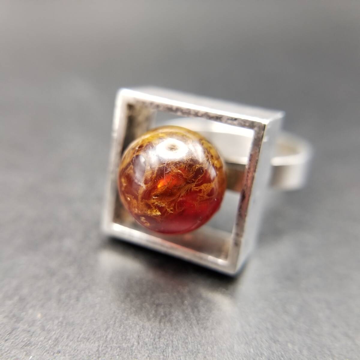 N.E.From デンマーク ヴィンテージ アンバー 球体 スクエアフレーム 925 シルバー リング 銀 モダン 北欧ジュエリー 存在感 Y24-L拍卖