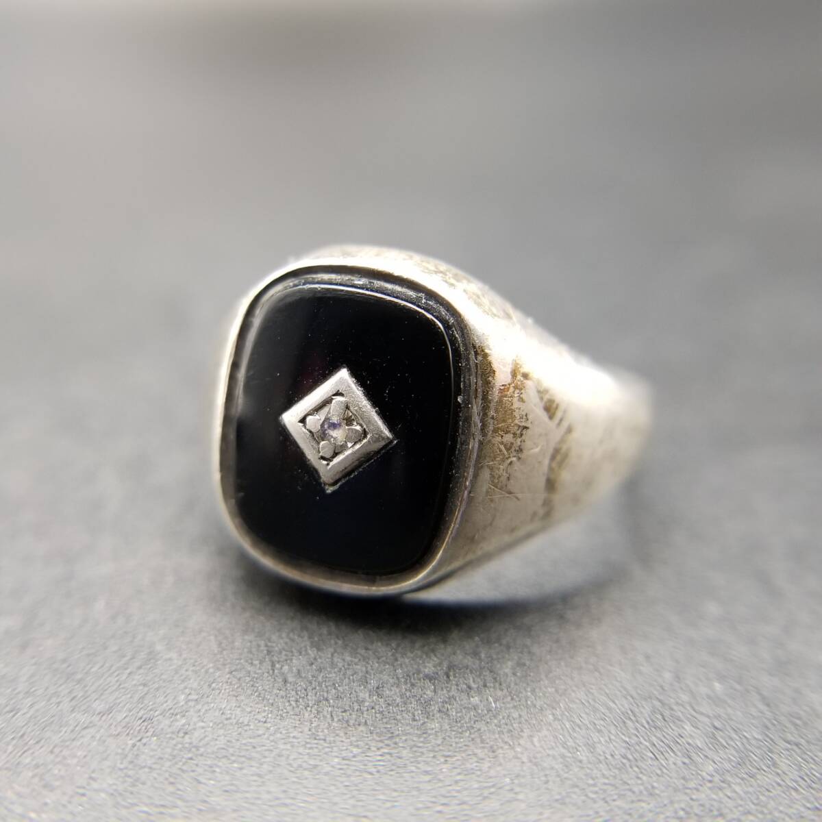 1998年 英国 ヴィンテージ オニキス ダイヤモンド インレイ 925 シルバー シグネット リング 銀 指輪 London ホールマーク Y24-L拍卖