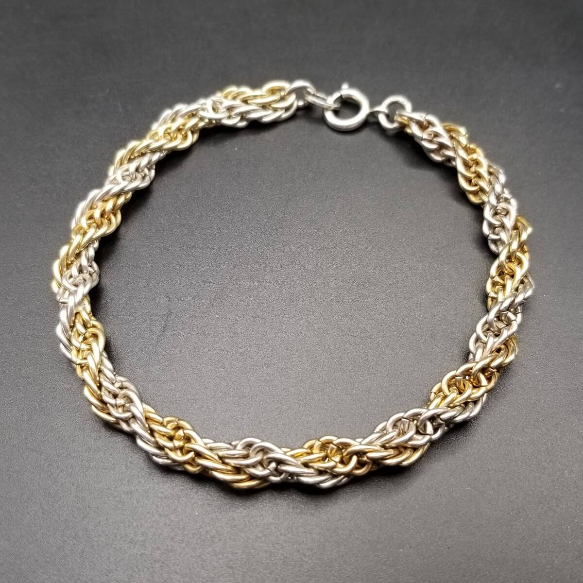 1975年 2トーン ケーブル ロープチェーン 925 シルバー ヴィンテージ ブレスレット 銀 英国 London Import マーク Y24-N拍卖