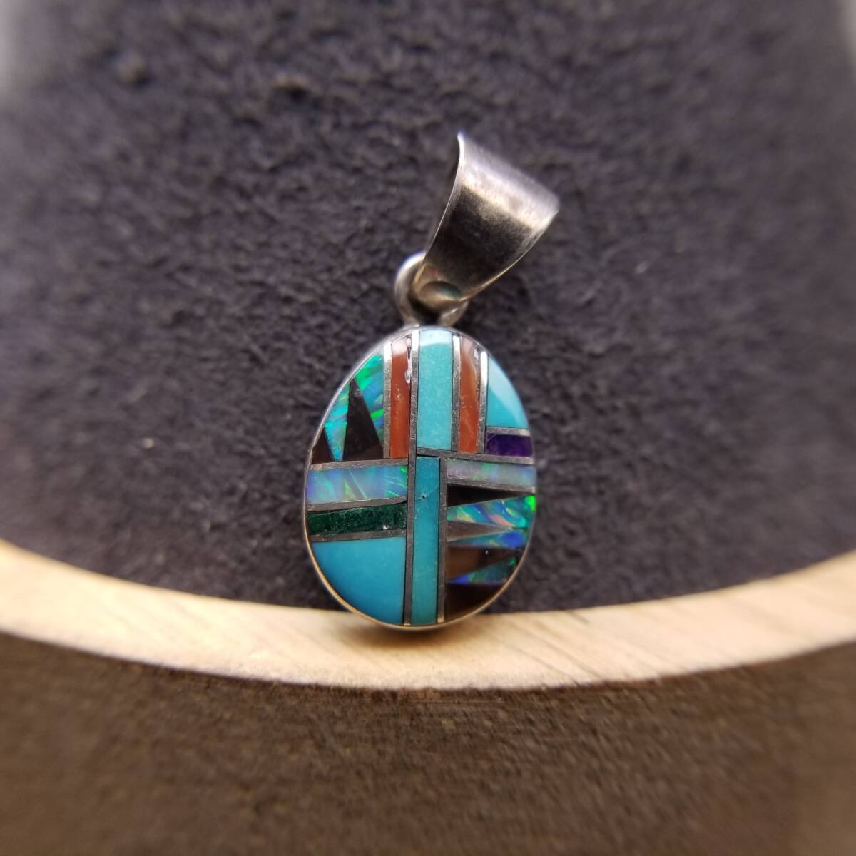 TY刻印 ZUNI スタイル ターコイズ オニキス モザイク ヴィンテージ チャーム 925 シルバー 銀 オーバル ペンダントヘッド ズニ族 Y24-T拍卖