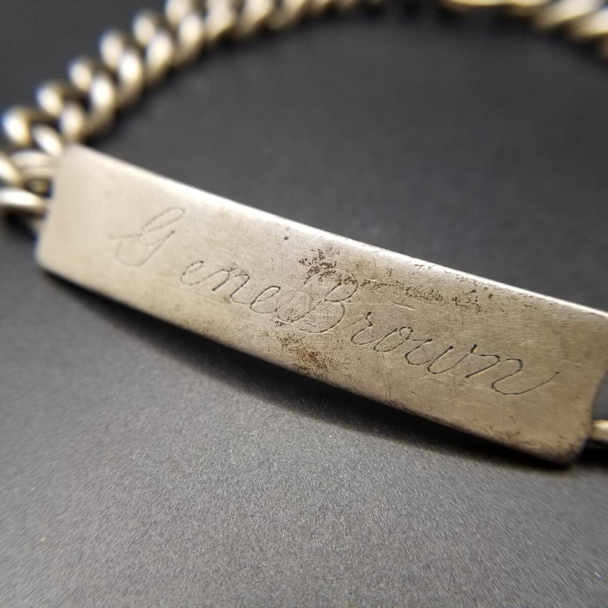 WWII期 IDタグ 長方形プレート 925 シルバー ヴィンテージ ブレスレット 銀 マンテルチェーン US Army ネーム彫金 D.Gene Brown Y24-U拍卖