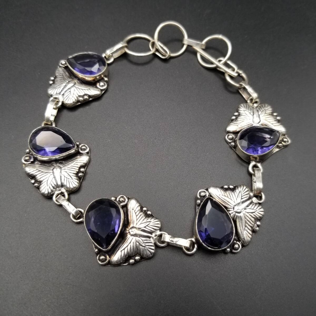 大粒 アメジストガラス 蝶の装飾 925 シルバー ヴィンテージ バタフライ ブレスレット 銀 マンテル 調整可能 自然派 存在感 Y24-V拍卖