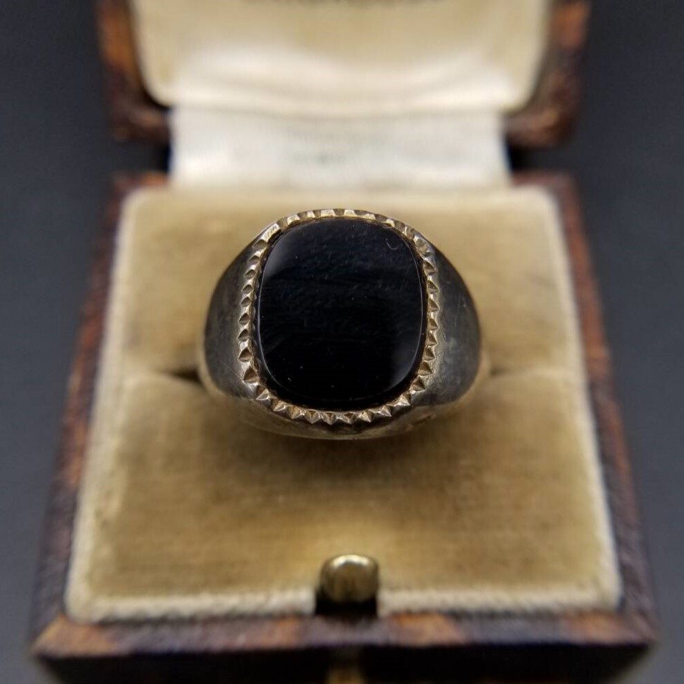 ミニマリスト オニキス インレイ レクタングル ヴィンテージ シグネット リング 925 シルバー 銀 指輪 K22 Gold on Silver Y24-O拍卖