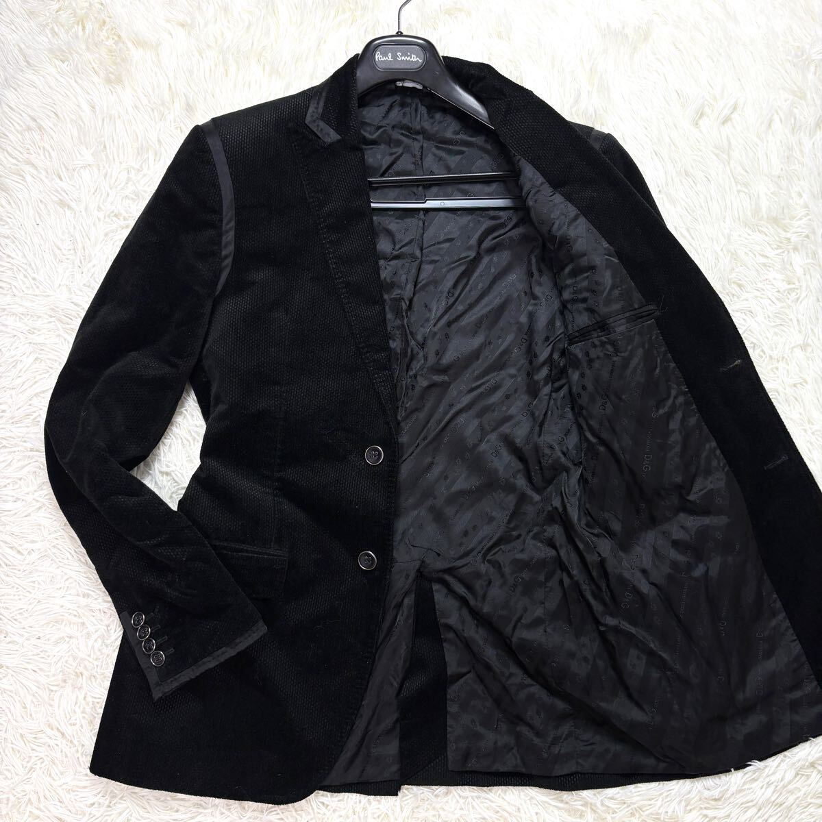 極美品/XL ● DOLCE&GABBANA ドルチェ&ガッバーナ ベロア ラペル切替 テーラードジャケット タキシード 凹凸感 エンボス 裏地総柄 50サイズ拍卖