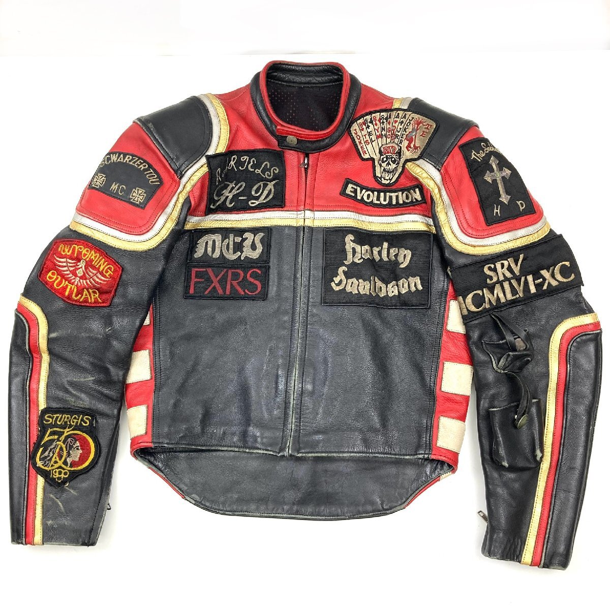 t) ハーレーダビッドソン X マルボロマン ライダースジャケット 革ジャン レザージャケット 牛革 刺繍ワッペン メンズ ※ 現状品 中古 USED拍卖