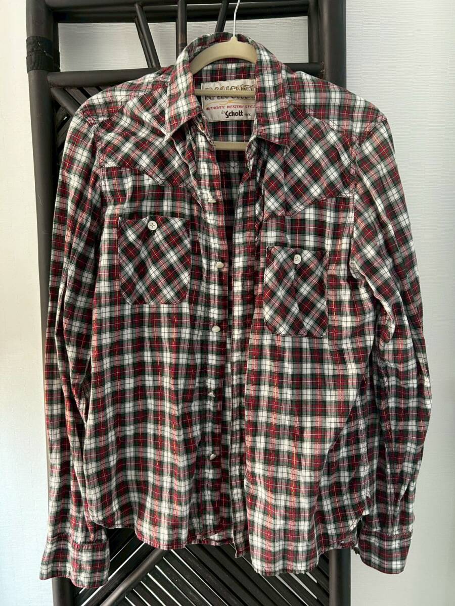 送料無料 Schott N.Y.C RANCHER ショット ランチャー サイズ 38 M 相当 チェック ウェスタン 長袖 シャツ 金 緑 赤 ゴールド レッド 美品拍卖