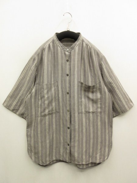 25年 自由区 ★定価¥24970(税込) ★リネン混 スタンドカラー ストライプ 半袖 シャツ ブラウス ★ サイズ40(11号)拍卖