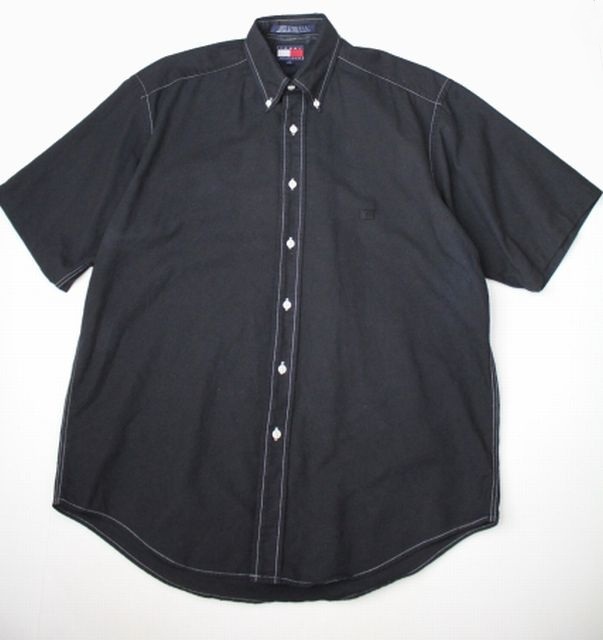 90's【Tommy Hilfiger】トミー ヒルフィガー  ボタンダウンシャツ 黒 オーバーダイ 半袖 (S) 古着 ビンテージ拍卖