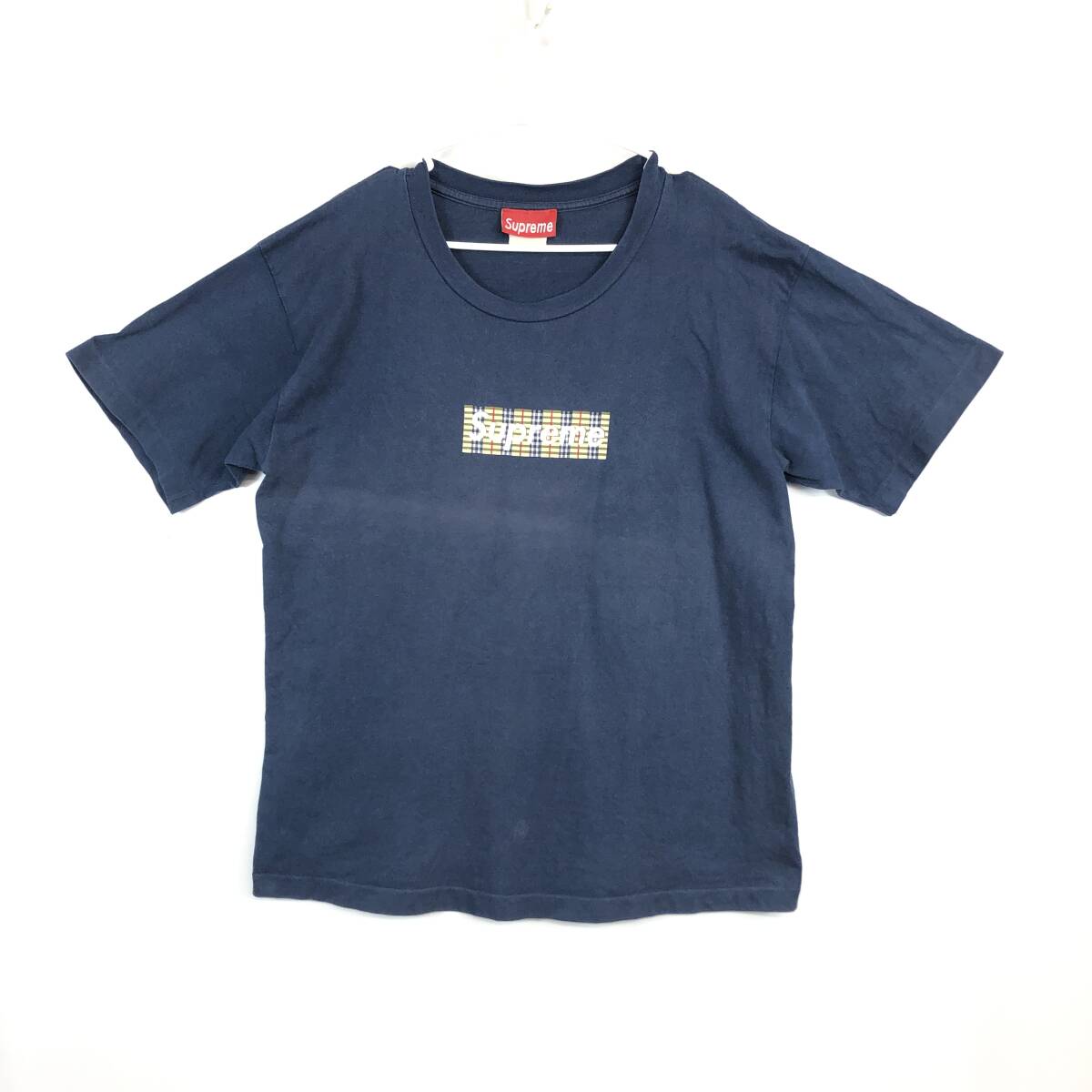 90s Supreme シュプリーム 初期 バーバリーチェック柄ロゴ Tシャツ ネイビー シングルステッチ拍卖