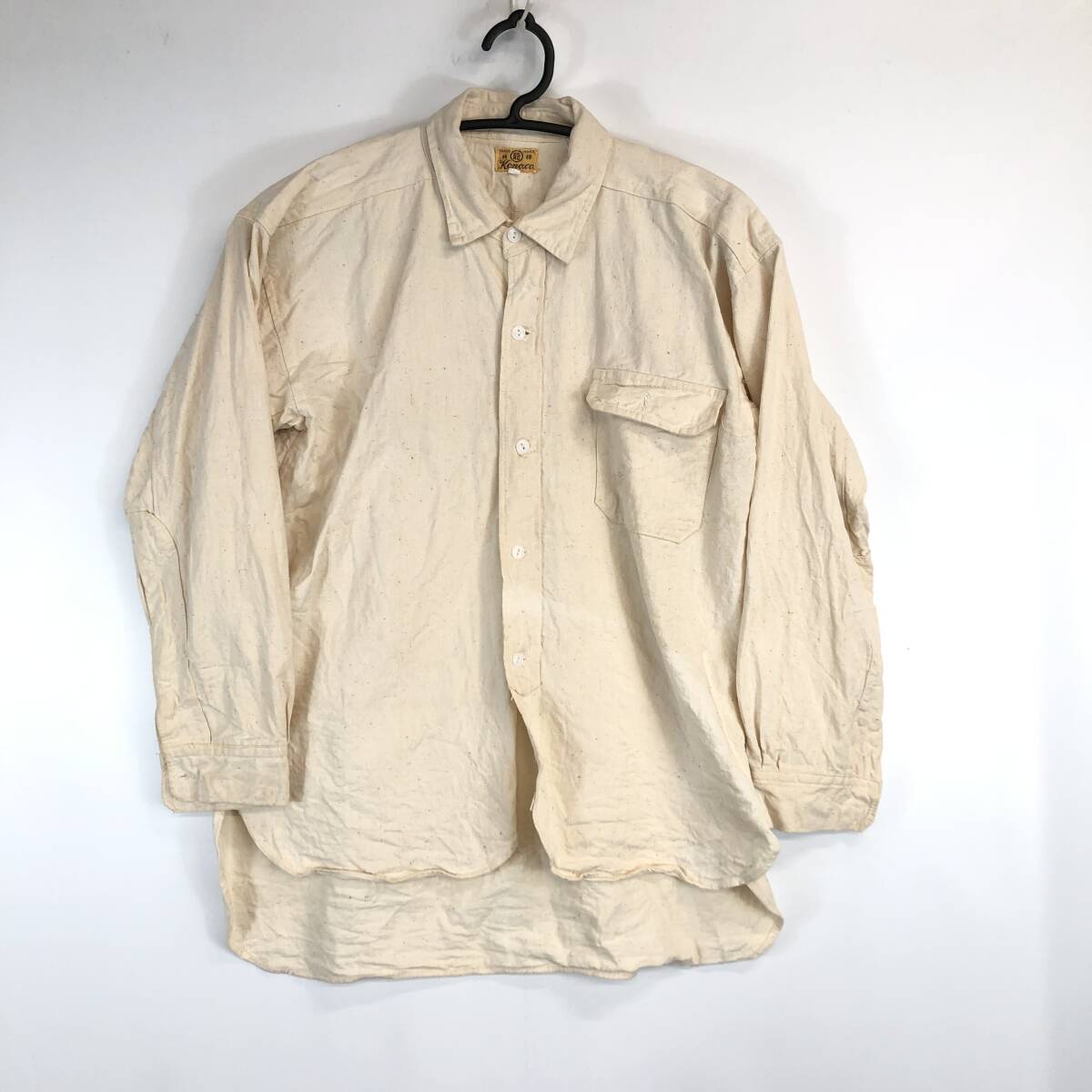 50s 60s japan vintage コットン 生成り ボタンシャツ マチ付き 昭和レトロ Lサイズ拍卖