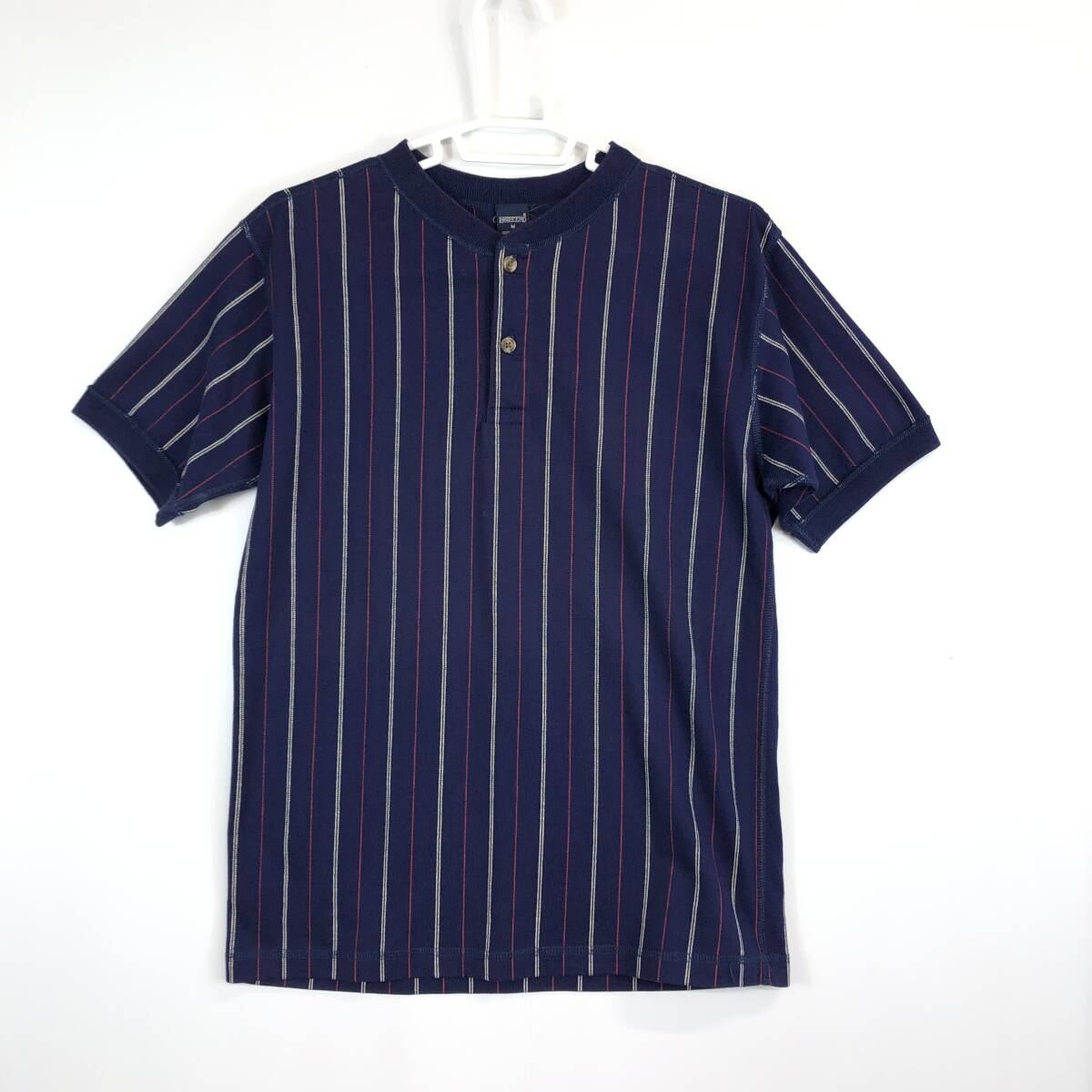 90s USA製 LANDS’END ランズエンド 半袖Tシャツ ハーフボタン Mサイズ ストライプ ネイビー拍卖
