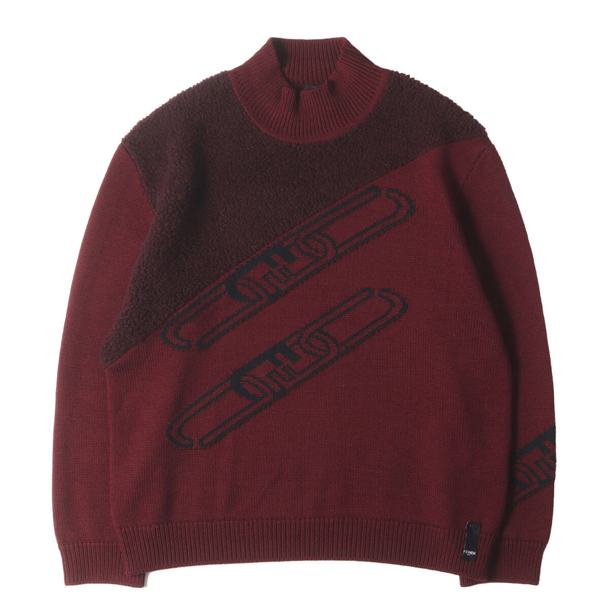 FENDI フェンディ ニット バーガンディ ボルドー サイズ:54 | 22AW ロゴ ジャガード ボア 切替 モックネック ニットセーター イタリア製拍卖