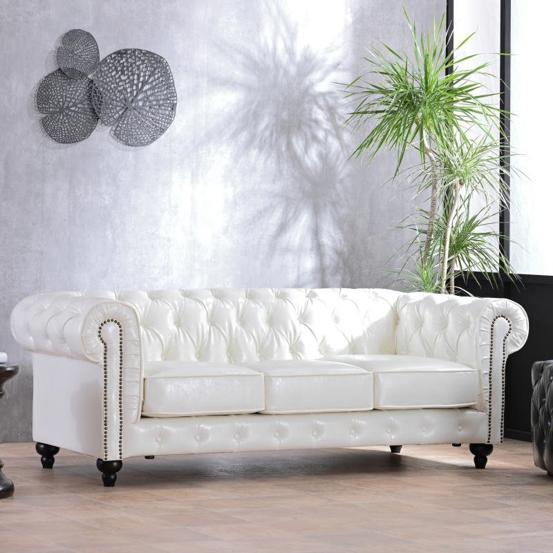 新品 チェスターフィールド調 3人掛けソファ クラシック 白 バイキャストPVCレザー 3P 高級感 リビング 硬め ホワイト outlet:ST42-5H01拍卖