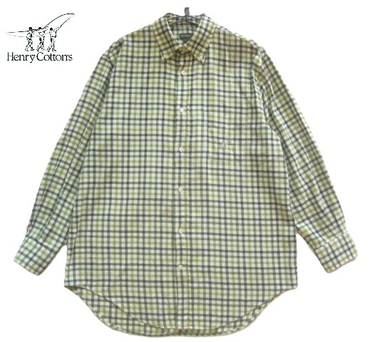 高級ブルガリア製!!ヘンリーコットンズ Henry Cotton's*ロゴ刺繍 チェック柄コットンボタンダウンシャツ 41 実寸XL グリーン系拍卖