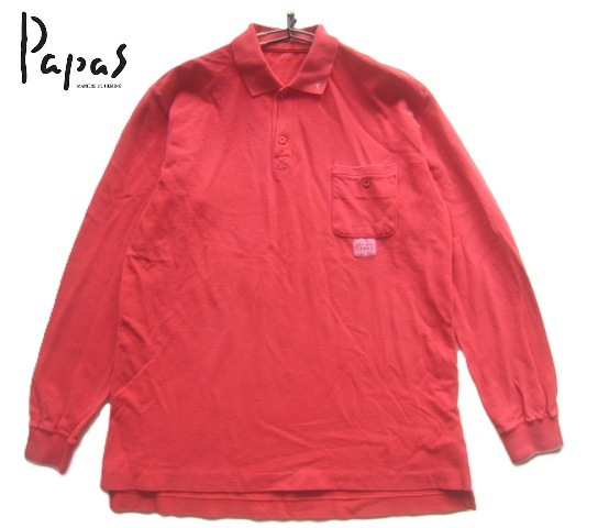 高級日本製!!パパス Papas*Pロゴ刺繍・ロゴタグ付き 長袖鹿の子ポロシャツ M 赤 レッド ゴルフ GOLF拍卖