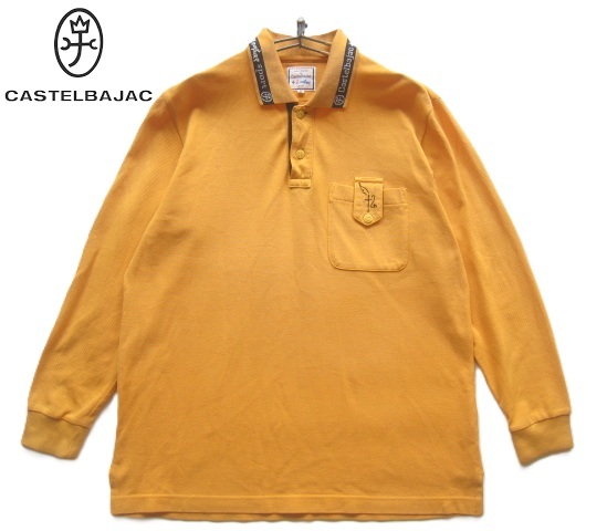 極上日本製!!カステルバジャック CASTELBAJAC*ロゴ刺繍・ロゴ織り柄 胸ポケット付き 長袖ポロシャツ 2 実寸S マスタード RAIKA拍卖