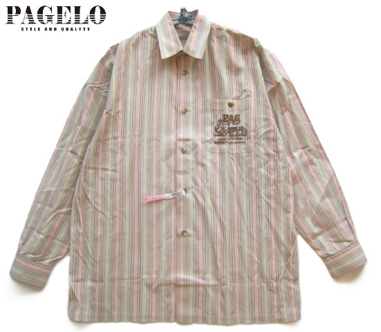 美品2万!!パジェロ PAGELO*日本製 ロゴ刺繍 胸ポケット付き ストライプ柄シャツ M ベージュ系 アンジェロ ジャパン拍卖