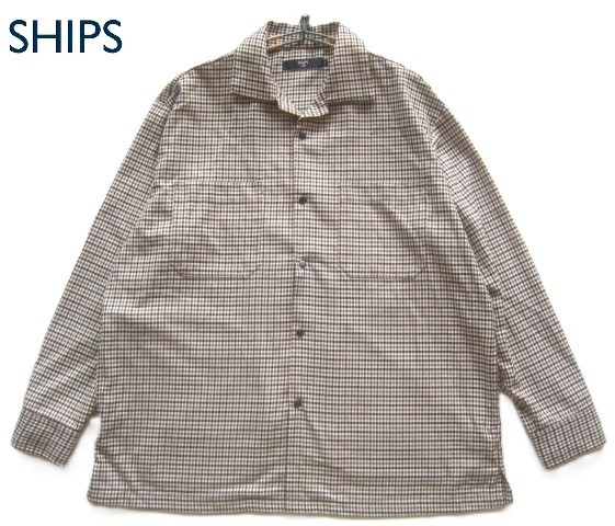 美品!!シップス SHIPS*カバーオール型 チェック柄ストレッチポリレーヨンジャケット L 白×茶×黒 コーチジャケット トラック拍卖