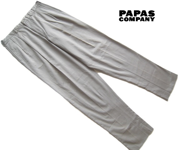 美品日本製!!パパス Papas*ロゴタグ付き ドローコード入り 2プリーツ コットンパンツ・チノパンツ LL グレー Papas+ プラス拍卖