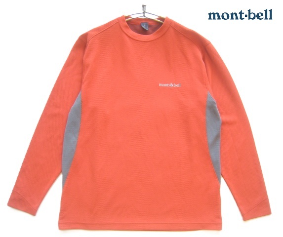 美品!!モンベル mont-bell*ロゴ刺繍 速乾 防寒 高機能素材 ジオライン ストレッチカットソー・長袖Tシャツ M オレンジ アウトドア拍卖