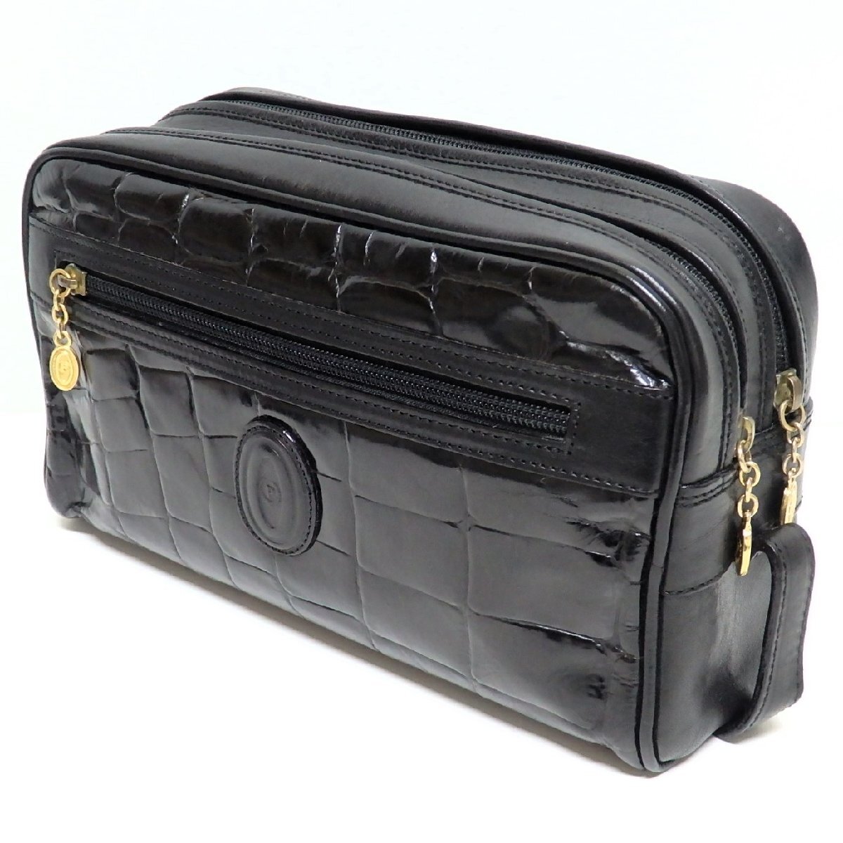POLLINI ポリーニ セカンドバッグ レザー クロコ型押し ダブルファスナー 黒 ロゴマーク ブラック メンズ クラッチバッグ ○拍卖
