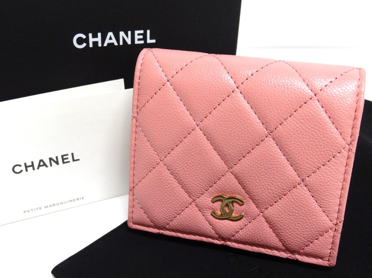 新品同様 美品♪ CHANEL シャネル マトラッセ キャビアスキン ココマーク 二つ折り財布 ピンク×ゴールド AP3178 コンパクトウォレット☆拍卖