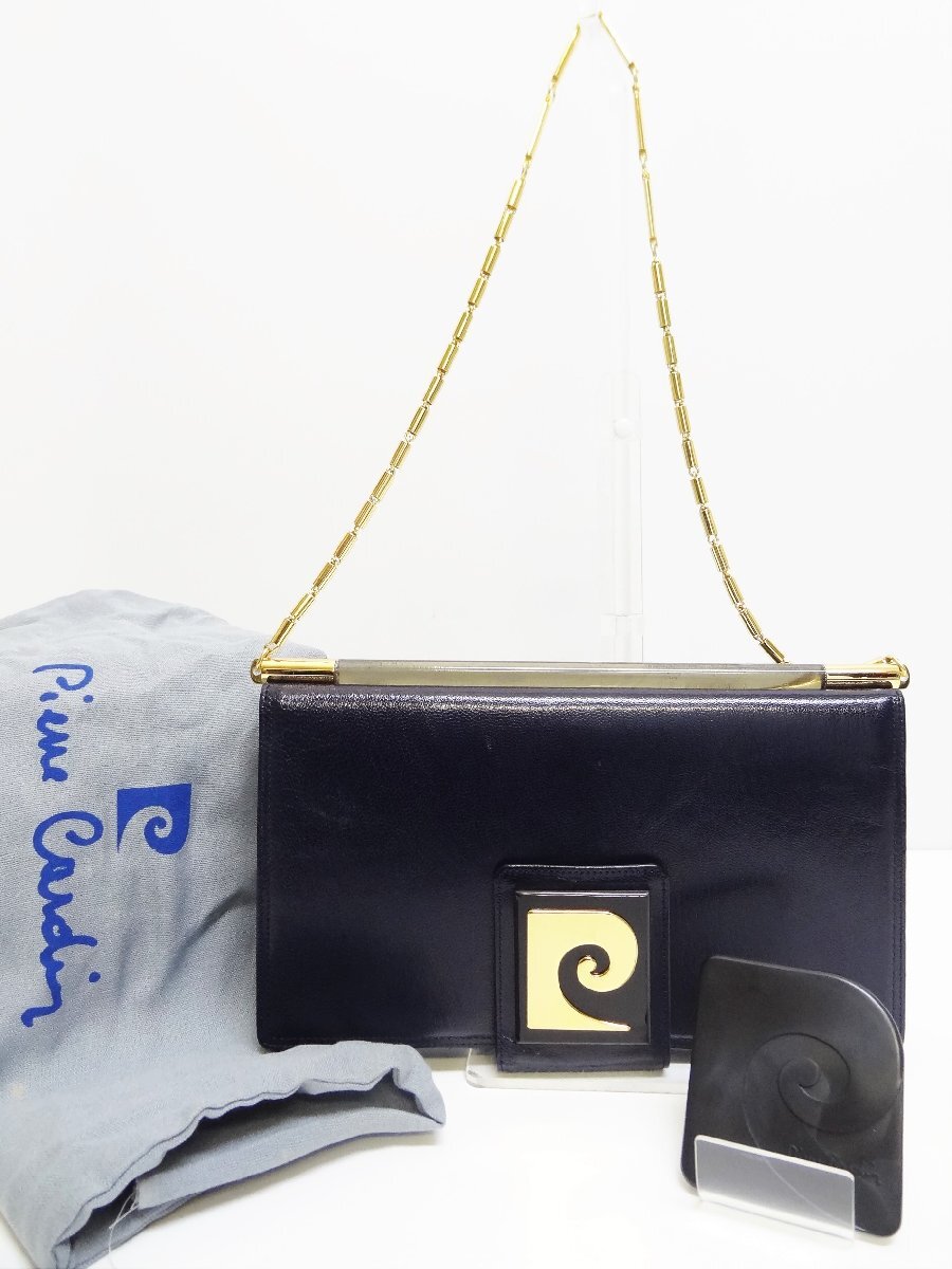 ピエールカルダン チェーンショルダーバッグ レザー ネイビー×ゴールド ロゴ pierre cardin ☆P拍卖