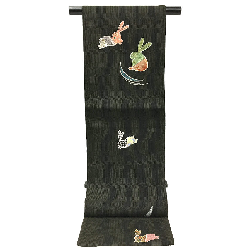 京やJ212 正絹 長尺 ロングサイズ うさぎ アップリケ 関西巻き 関東巻き 両面使い リバーシブル可 仕立て上がり 美品 新品同様拍卖