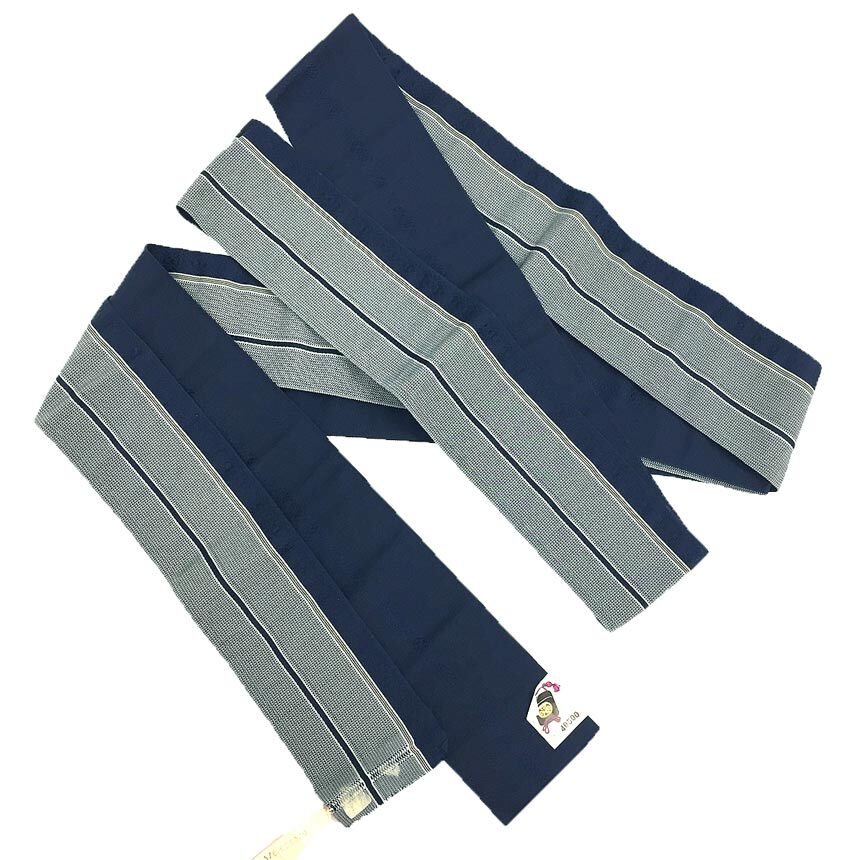 全国送料無料 京やT109 正絹 角帯 金印 本場博多織工業組合謹製 本場筑前 博多帯 紺×白 リバーシブル 2WAY 未使用 メンズ帯拍卖