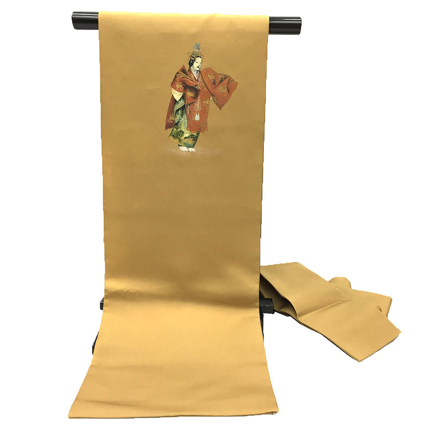 京やK430 正絹 名古屋帯 九寸名古屋仕立て 塩瀬の帯 長尺 ロングサイズ 能楽 雅楽 能面 羽衣 お太鼓柄 しおぜ 仕立て上がり 未使用拍卖